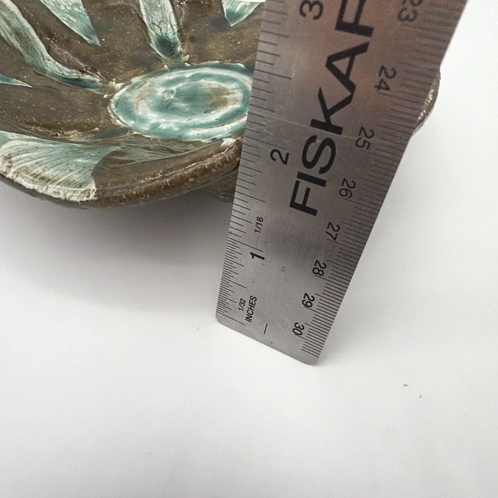Vtg Signed LA Studio Pottery Dish Turquoise Brown Sunburst Scalloped Edge 6.5